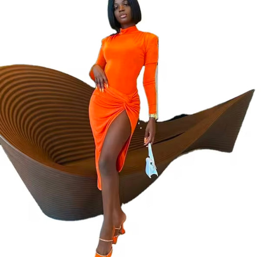 Wrap Side Split Bodycon Midi Dresses Long Sleeve for Women Fall 2020 Garment Night Partywear Autumn Flowers